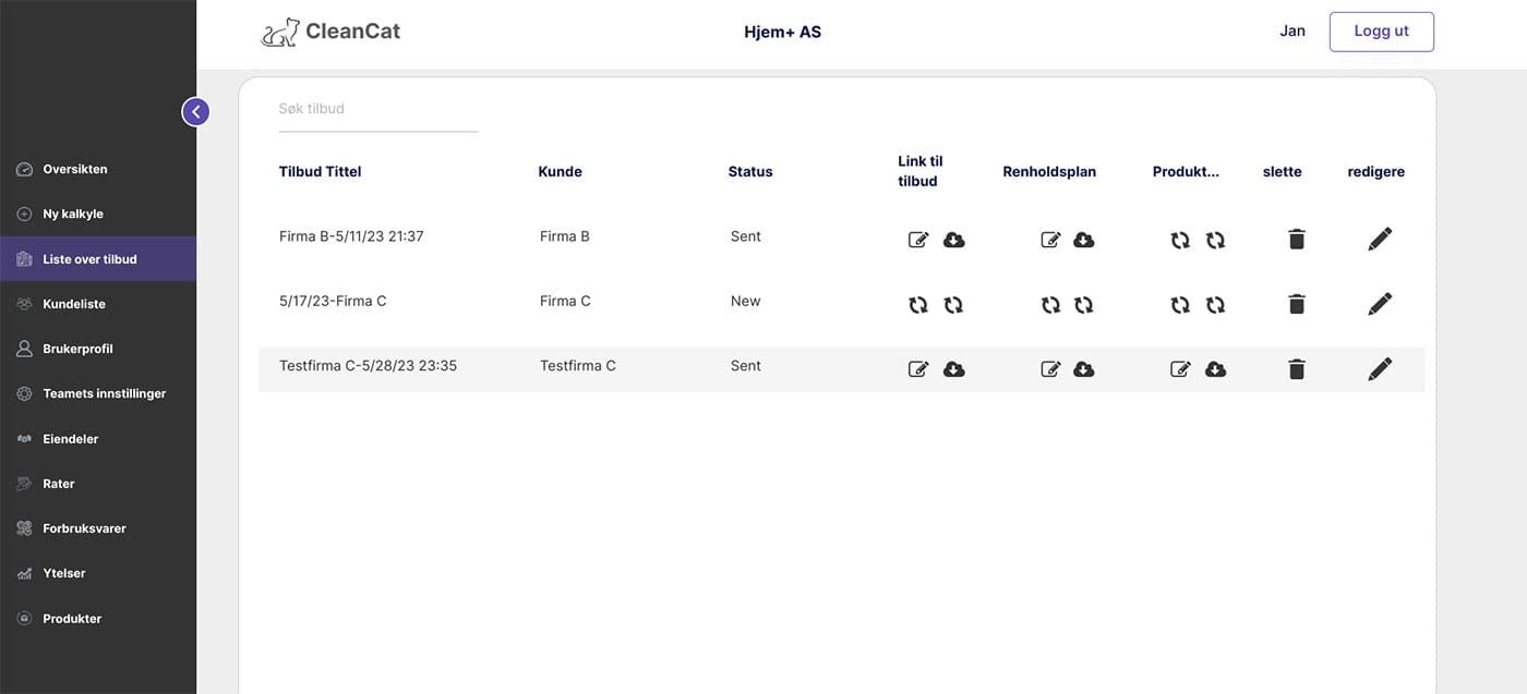 cc pricing and calculation liste over tilbud